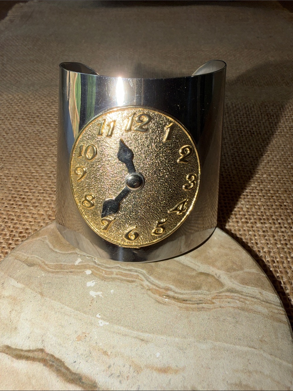 Vintage 1980s Modernist Clock Face Wide Cuff Bracelet, Silver & Gold Tone